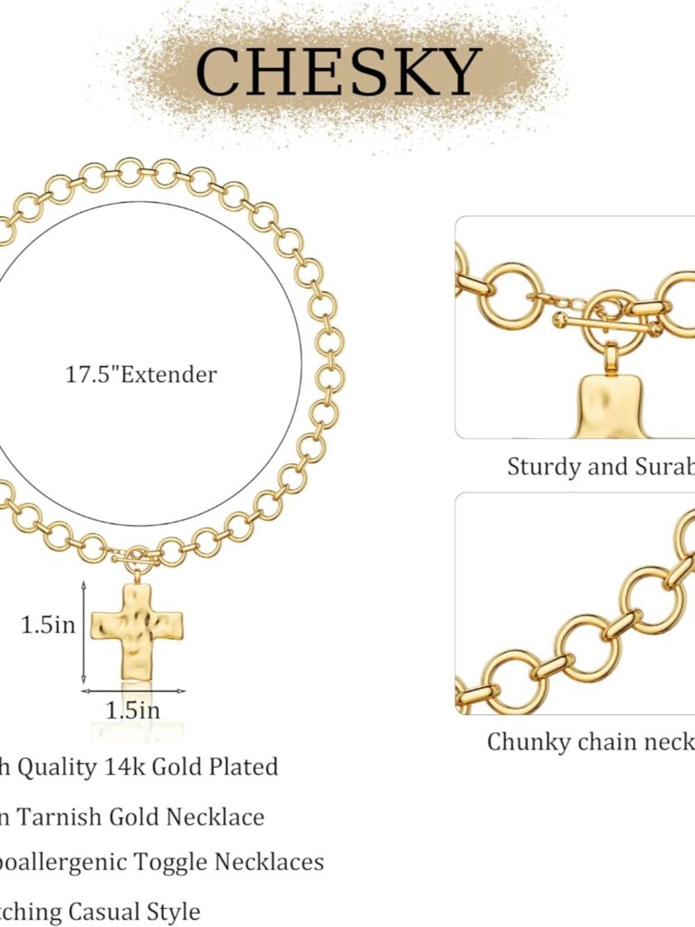 Gold Hammered Cross Pendant Toggle Necklace - Women Jewelry - Picture 5 of 7
